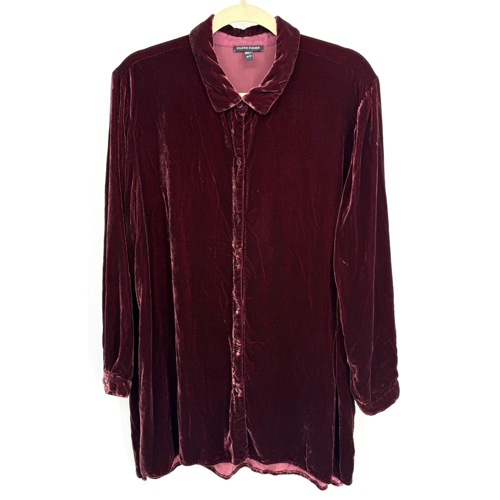 EILEEN FISHER Deep Claret Crushed Velvet Button-Up Shirt Tunic XL Viscose/Silk